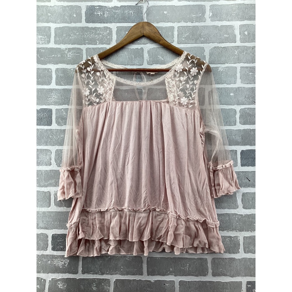 POL Clothing Pink Boho Mesh Floral Embroidered Ruffle Top RCT918 Womens Large